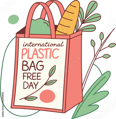 Plastic Bag Free Day: A vibrant illustration celebrates the spirit of "Plastic Bag Free Day" with a reusable bag overflowing with groceries.