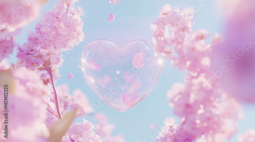 Heart shaped bubbles of spring day, soap bubbles, cherry blossom background, love, romantic background, pink cherry blossom in spring