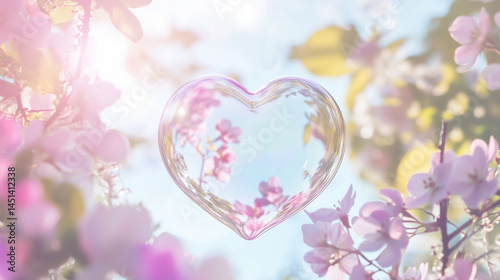 Heart shaped bubbles of spring day, soap bubbles, cherry blossom background, love, romantic background, pink cherry blossom in spring
