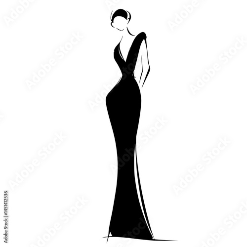 Stylized Silhouette of Elegant Woman in Gown, Minimalist black silhouette of a graceful woman in a flowing gown, perfect for fashion branding, beauty logos, or event promotion.


