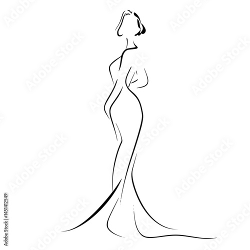 Stylized Silhouette of Elegant Woman in Gown, Minimalist black silhouette of a graceful woman in a flowing gown, perfect for fashion branding, beauty logos, or event promotion.

