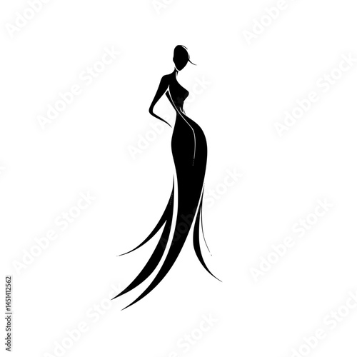 Stylized Silhouette of Elegant Woman in Gown, Minimalist black silhouette of a graceful woman in a flowing gown, perfect for fashion branding, beauty logos, or event promotion.

