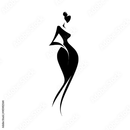 Stylized Silhouette of Elegant Woman in Gown, Minimalist black silhouette of a graceful woman in a flowing gown, perfect for fashion branding, beauty logos, or event promotion.

