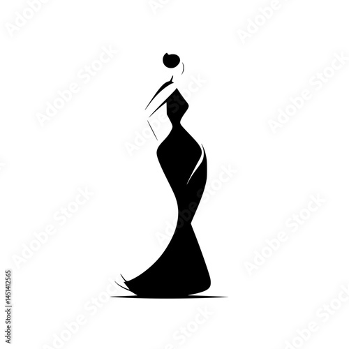 Stylized Silhouette of Elegant Woman in Gown, Minimalist black silhouette of a graceful woman in a flowing gown, perfect for fashion branding, beauty logos, or event promotion.

