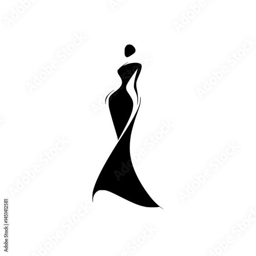Stylized Silhouette of Elegant Woman in Gown, Minimalist black silhouette of a graceful woman in a flowing gown, perfect for fashion branding, beauty logos, or event promotion.

