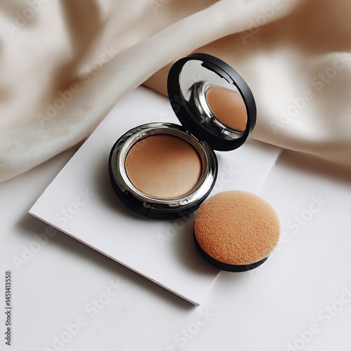 Sophisticated cosmetic powder compact and applicator on a luxurious fabric backdrop