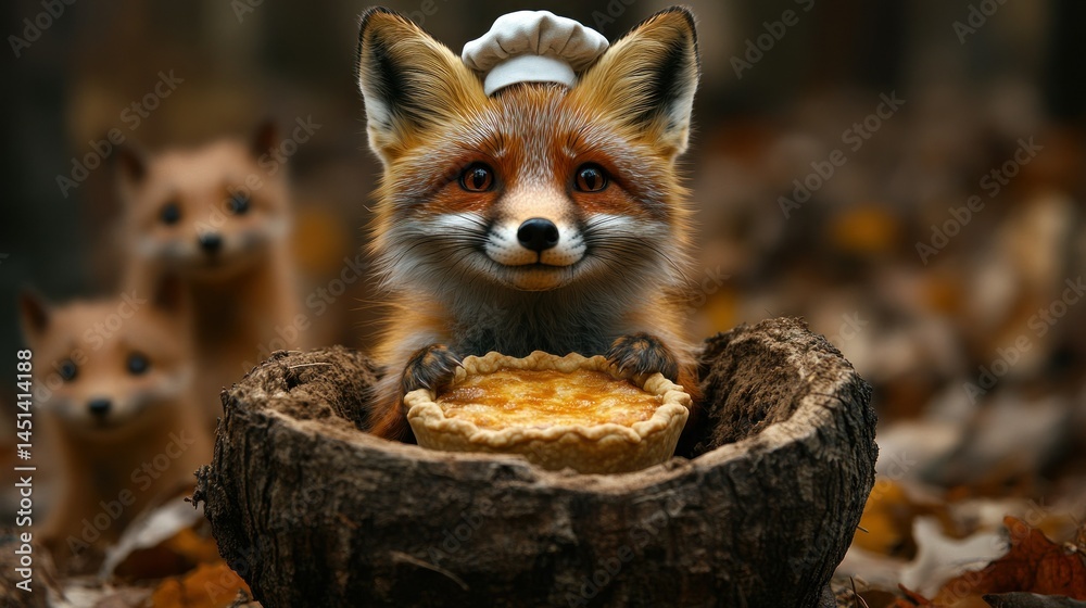 Obraz premium Charming fox chef presenting a freshly baked pie in a woodland setting