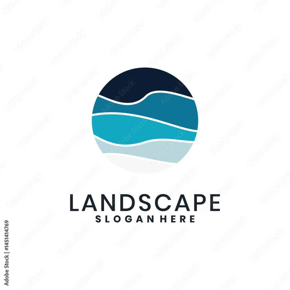 Blue landscape logo with abstract circular wavy lines Blue landscape logo with abstract circular wavy lines