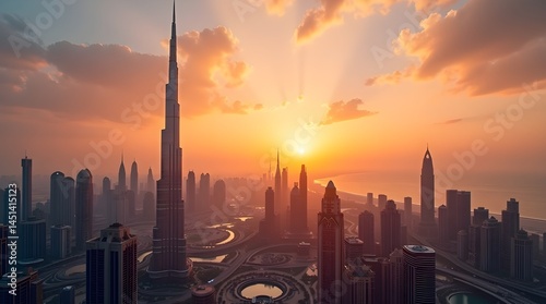 UAE skyline of Dubai at a spectacular sunset 