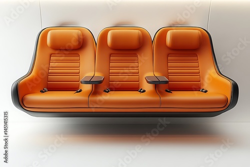 Modern orange airplane seats with built-in trays and headrests against a bright background