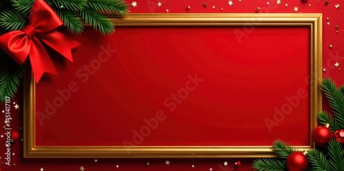 Elegant gold frame, red background, festive greenery & bow , gold, banner