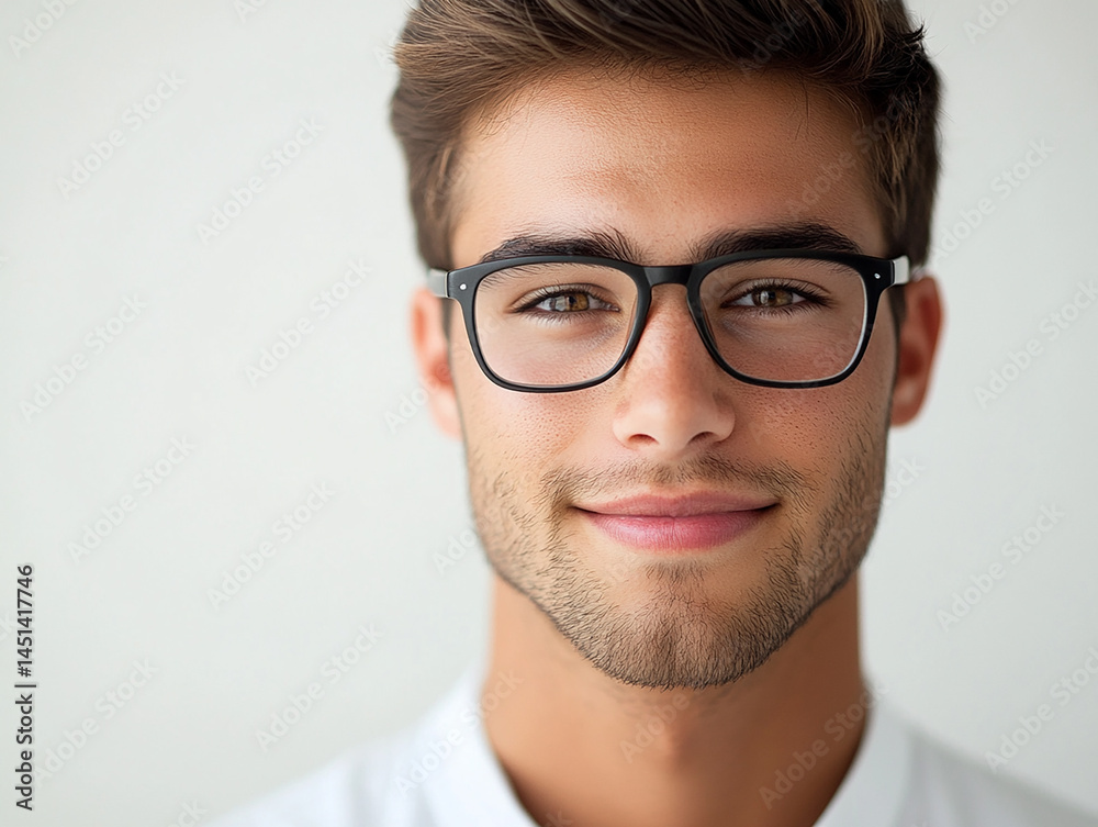 Close-up of a man wearing glasses on a white background, a man wearing glasses looks up Close-up of a man wearing glasses on a white background, a man wearing glasses looks up