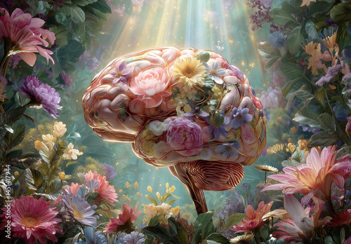 A beautiful and colorful brain illustration surrounded by vibrant flowers. This artistic depiction combines nature and mental health, symbolizing the growth, healing, and flourishing of the mind.

