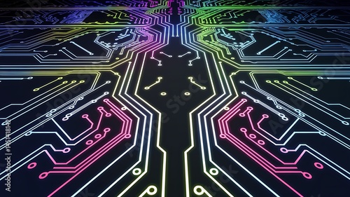 Neon glowing circuit paths on a dark background, representing futuristic technology, digital networks, innovation, electronic systems, and modern data communication flow.