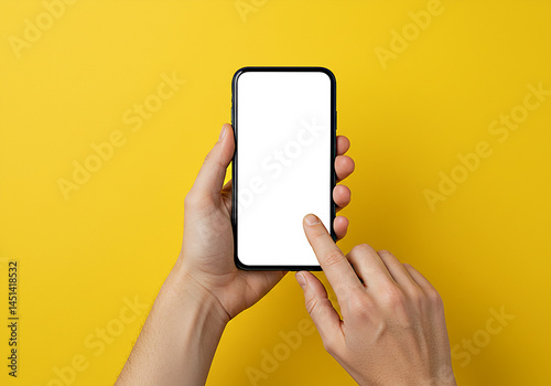 A pair of hands holds a smartphone mockup with a blank white screen against a bright yellow backdrop, with one finger ready to tap