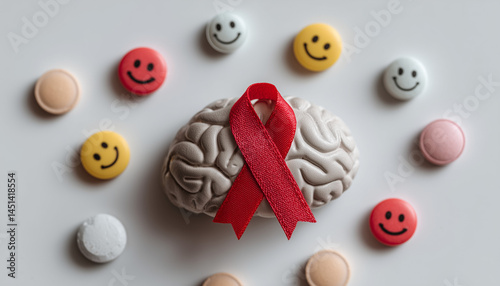 An image featuring a brain with a red ribbon, symbolizing awareness, surrounded by smiling face buttons. This creative depiction combines brain health with positivity, promoting awareness and emotiona