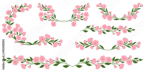 Set of flower and leaf frames. Floral round frame. Hand drawn simple botanical round frame, laurel, wreath with flowers. Elegant vector illustration for wedding invitation, card, logo.