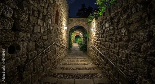 Stone stairway with arches in a tunnel