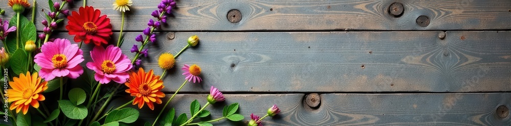 Fototapeta premium Rustic wildflowers, vibrant blooms, wooden table, cold concrete , close-up, photography