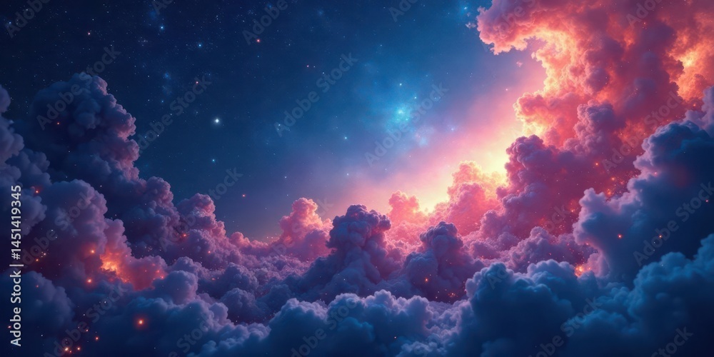 Fototapeta premium Celestial Canvas An ethereal dreamscape of vibrant clouds illuminated by a radiant cosmic glow, speckled with shimmering starlight across a boundless night sky.