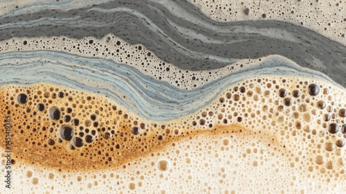 Abstract macro image of swirling foam with layered textures and vibrant colors