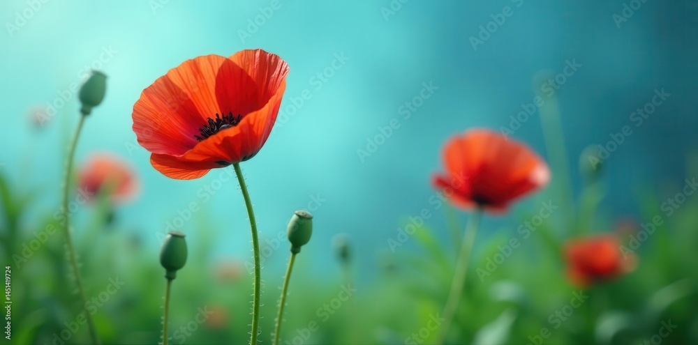Naklejka premium Single vibrant red poppy, lush green foliage against a serene blue backdrop, macro, art, flora
