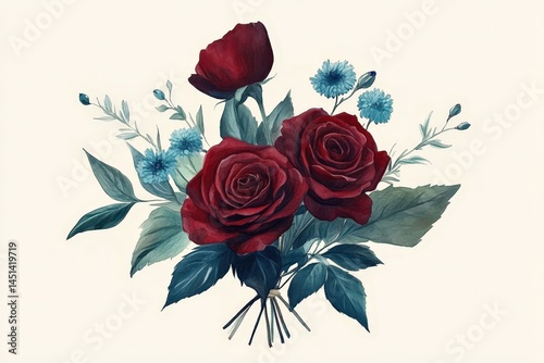 Elegant bouquet of dark red roses and delicate blue flowers. photo
