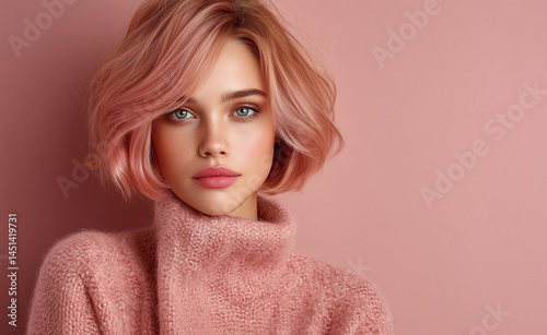 A stunning portrait of a woman with soft, pastel-colored hair in various shades of pink and rose. The image showcases modern beauty trends, featuring stylish haircuts and a fresh, feminine look.

