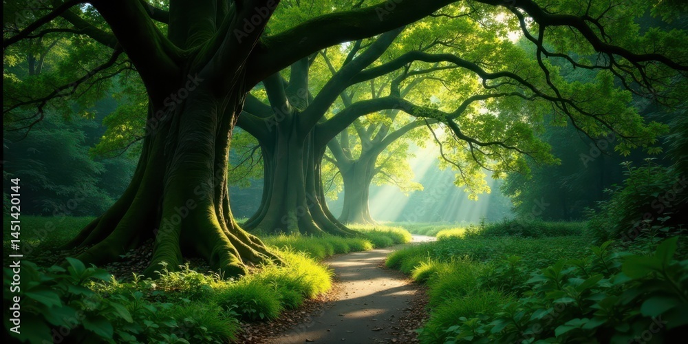 Naklejka premium Sunlit Path Winding Through Ancient Forest with Lush Green Undergrowth and Majestic Trees