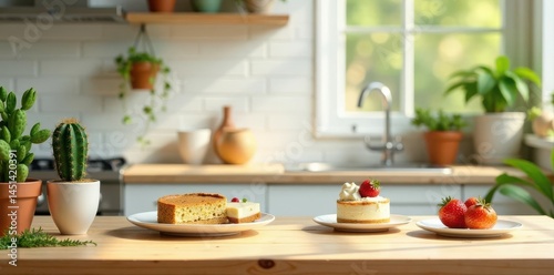 Wallpaper Mural Sunny Scandinavian kitchen, wooden table, dessert, cacti, plants, mock-up frame , mockup, food, details Torontodigital.ca