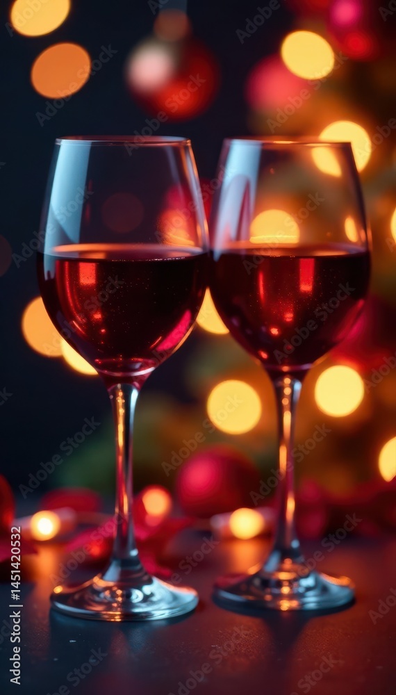 Two glasses of red wine, festive bokeh lights Christmas celebration , red wine, sparkle, winter Two glasses of red wine, festive bokeh lights Christmas celebration , red wine, sparkle, winter