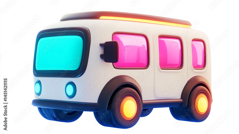 Obraz premium Retro Futuristic Minibus with Neon Lighting and Rounded Features, perfect for a vibrant and dynamic transport-related concept or creative illustration.