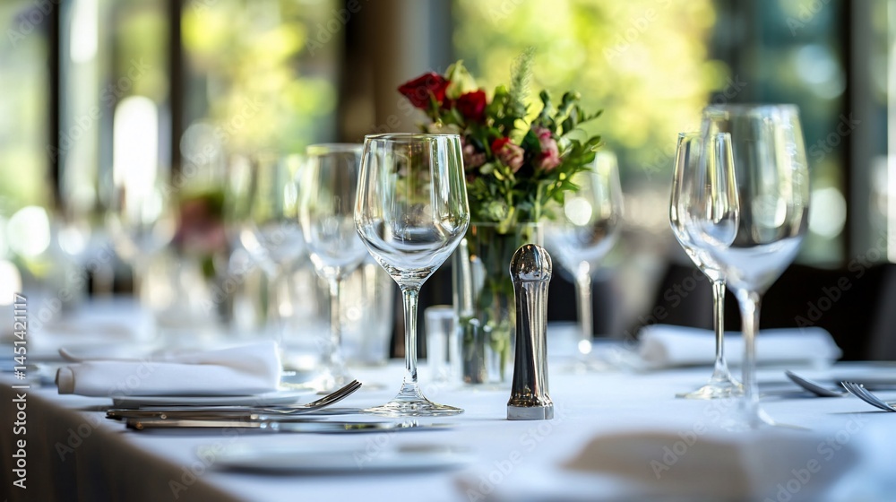 Elegant table setting with wine glasses and floral arrangement ready Elegant table setting with wine glasses and floral arrangement ready
