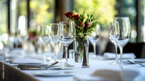 Elegant table setting with wine glasses and floral arrangement ready