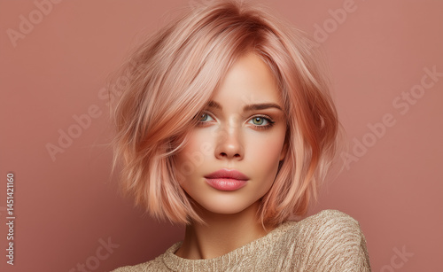 A stunning portrait of a woman with soft, pastel-colored hair in various shades of pink and rose. The image showcases modern beauty trends, featuring stylish haircuts and a fresh, feminine look.

