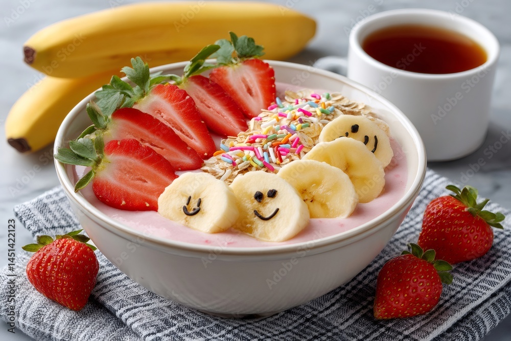 Delicious smoothie bowl with banana, strawberries, oats and sprinkles enjoying a healthy breakfast Delicious smoothie bowl with banana, strawberries, oats and sprinkles enjoying a healthy breakfast