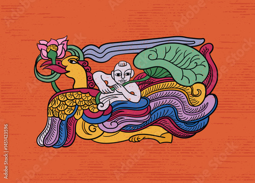 Vietnamese folk painting of a boy riding a phoenix