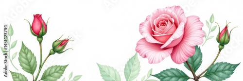 Delicate watercolor rose, buds, and lush green leaves isolated on white , stock photo, antique, texture