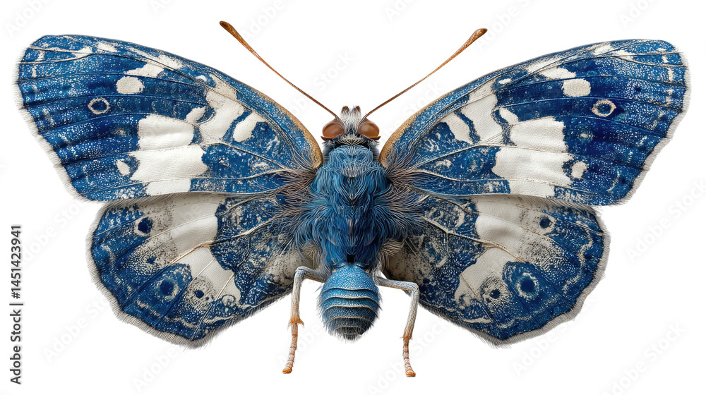 Fototapeta premium Exquisite Blue Butterfly: Detailed top view of a butterfly displaying its azure wings and delicate features, captured in a stunning close-up, showcasing the beauty of nature.