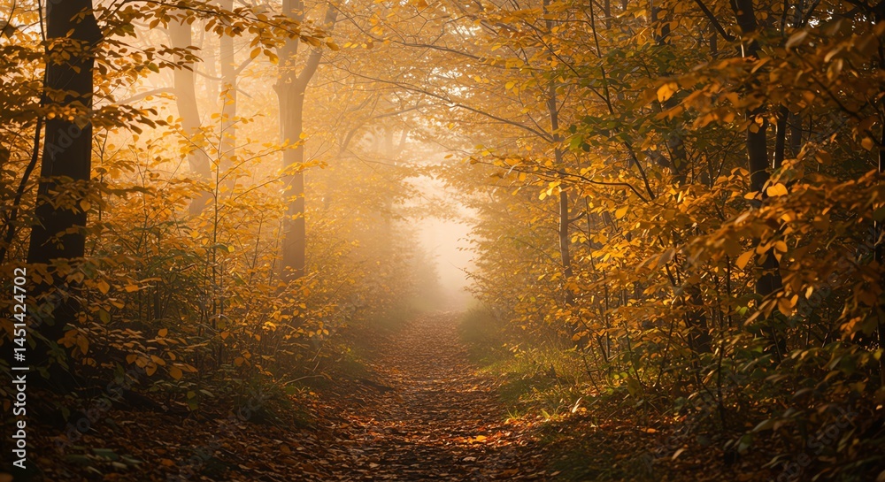 Fototapeta premium Autumn forest path with golden leaves