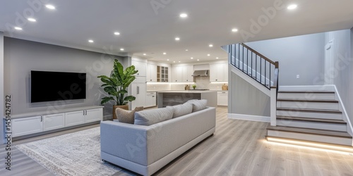 Photo of a modern basement with light gray walls, white cabinets, and wood floors. A couch is centered in front of a TV