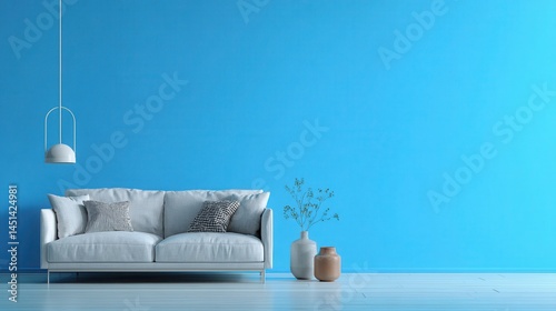 close up shot of A large blue wall from the front In a minimalist living room, a large scene, a wide-angle lens, high resolution, high details, clear focus without blur.