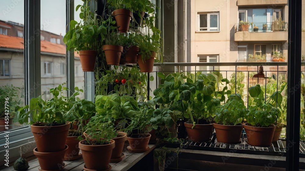 Naklejka premium View of a balcony garden with many potted plants and buildings in the background during the daytime