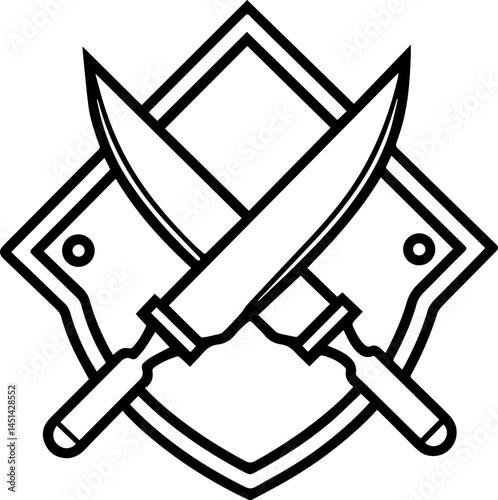 Crossed kitchen knife outline vector illustration, line art