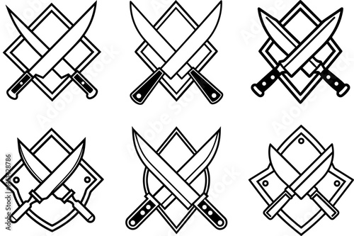 Set of Crossed kitchen knife outline vector illustration, line art