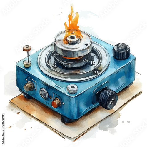 Collapsible Camping Stove With Flame, vector watercolor illustration, isolated on a white background.