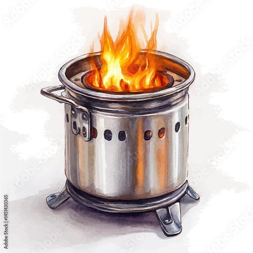 Collapsible Camping Stove With Flame, watercolor vector, isolated on a white background.