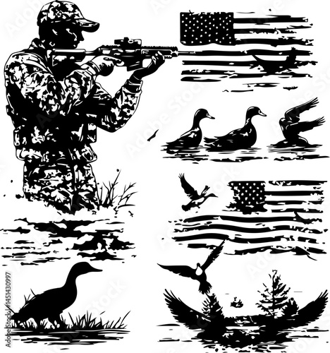 American Hunting Silhouette Set – Hunters, Birds, Dogs & USA Flag in Vintage Style photo