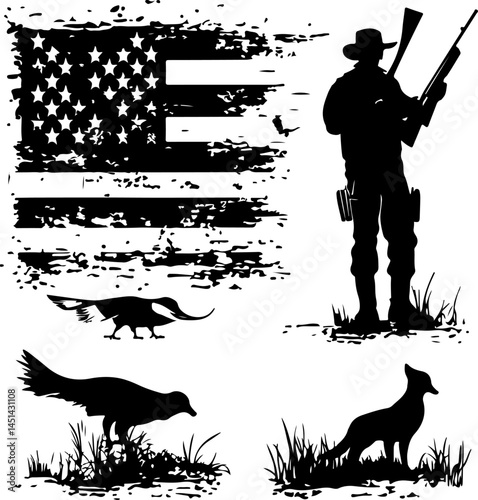 American Hunting Silhouette Set – Hunters, Birds, Dogs & USA Flag in Vintage Style