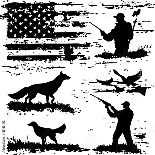 American Hunting Silhouette Set – Hunters, Birds, Dogs & USA Flag in Vintage Style